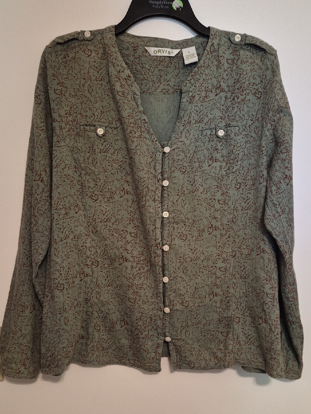 Orvis Sage Green With Brown Printed Button-Front Blouse SZ L